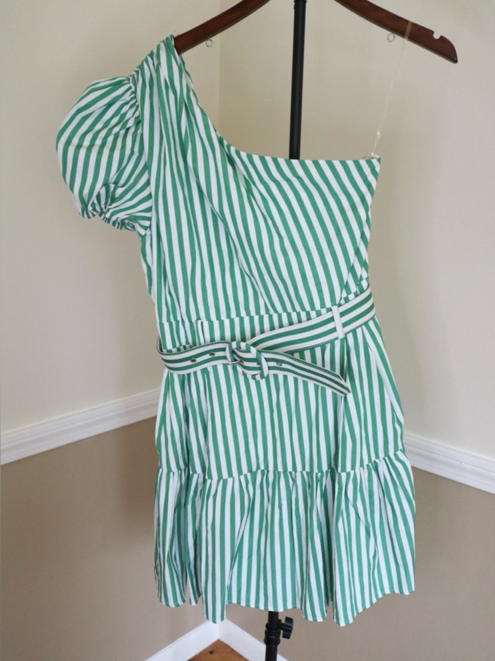 Green and White One-Shoulder Striped Dress with Belt